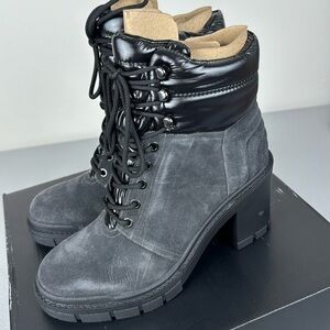 Marc Fisher LTD Velima Mixed Media Heeled Boot. Dark Gray.
